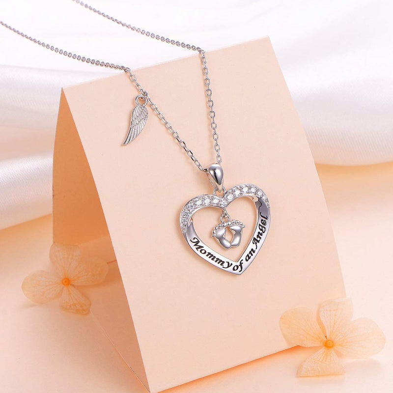 DAOCHONG Mommy of an Angel Necklace Angel Necklace Foot Print Sterling Silver Memorial Jewelry Sympathy Gift for Women Mother Mom Silvery - Image 2